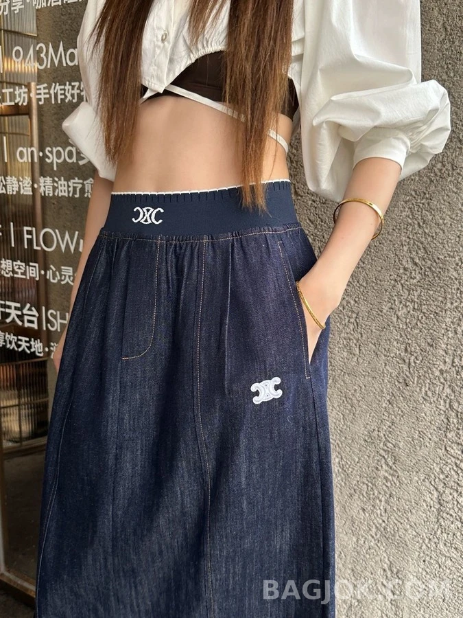 셀린느 셀린느 자수 로고 밴딩 데님 스커트 상세 이미지
