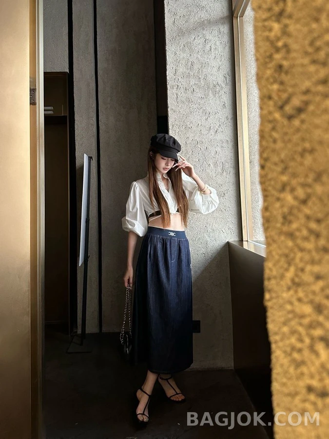 셀린느 셀린느 자수 로고 밴딩 데님 스커트 상세 이미지