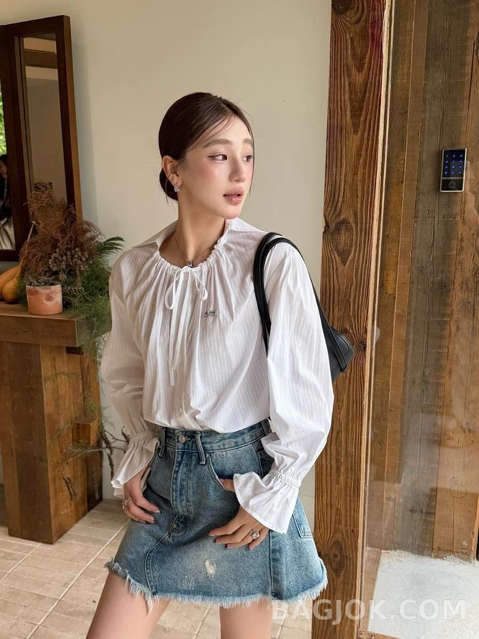 미우미우 미우미우 드로스트링 러플 소매 셔츠 상세 이미지