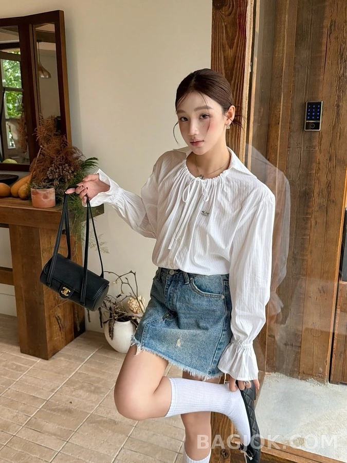 미우미우 미우미우 드로스트링 러플 소매 셔츠 상세 이미지