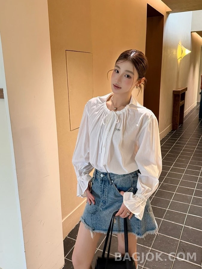 미우미우 미우미우 드로스트링 러플 소매 셔츠 상세 이미지