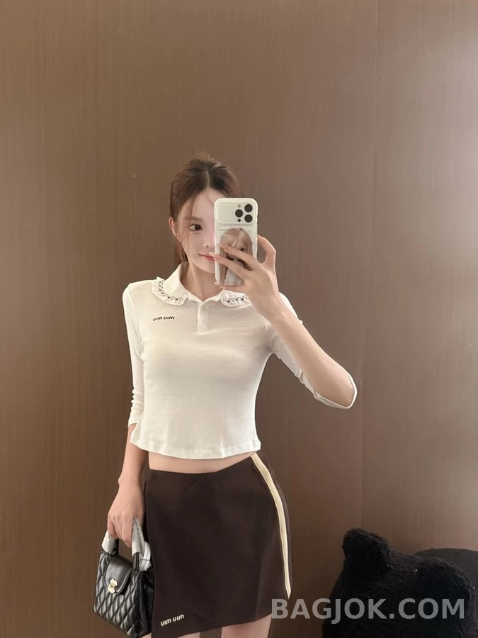 미우미우 미우미우 꽃자수 피터팬카라 폴로 긴팔 티셔츠 상세 이미지