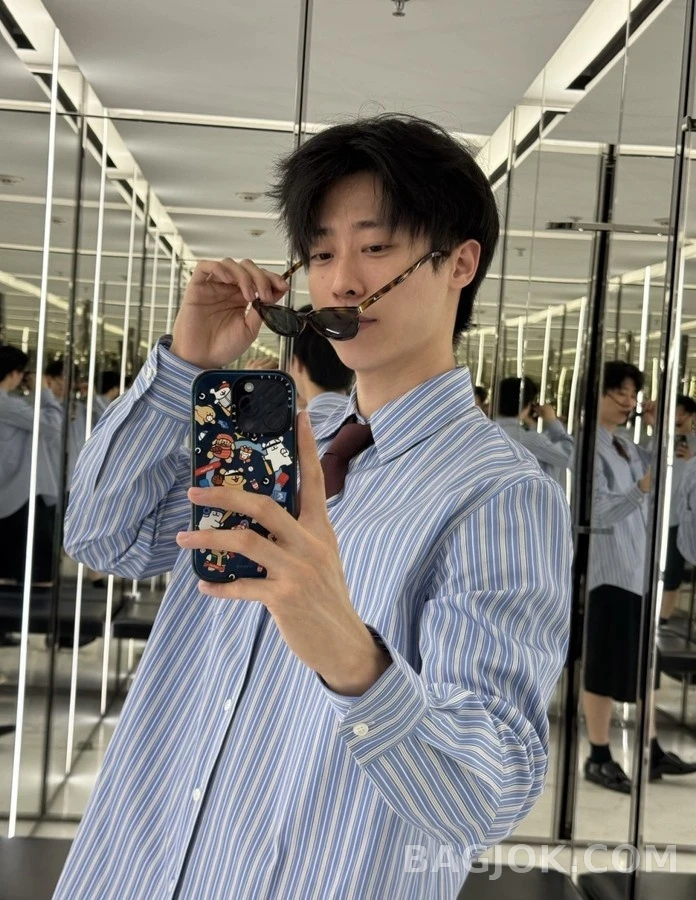 생로랑 세인트로랑 로고 자수 스트라이프 셔츠 상세 이미지