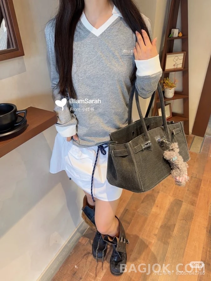 미우미우 미우미우 배색 카라 긴팔 티셔츠 상세 이미지