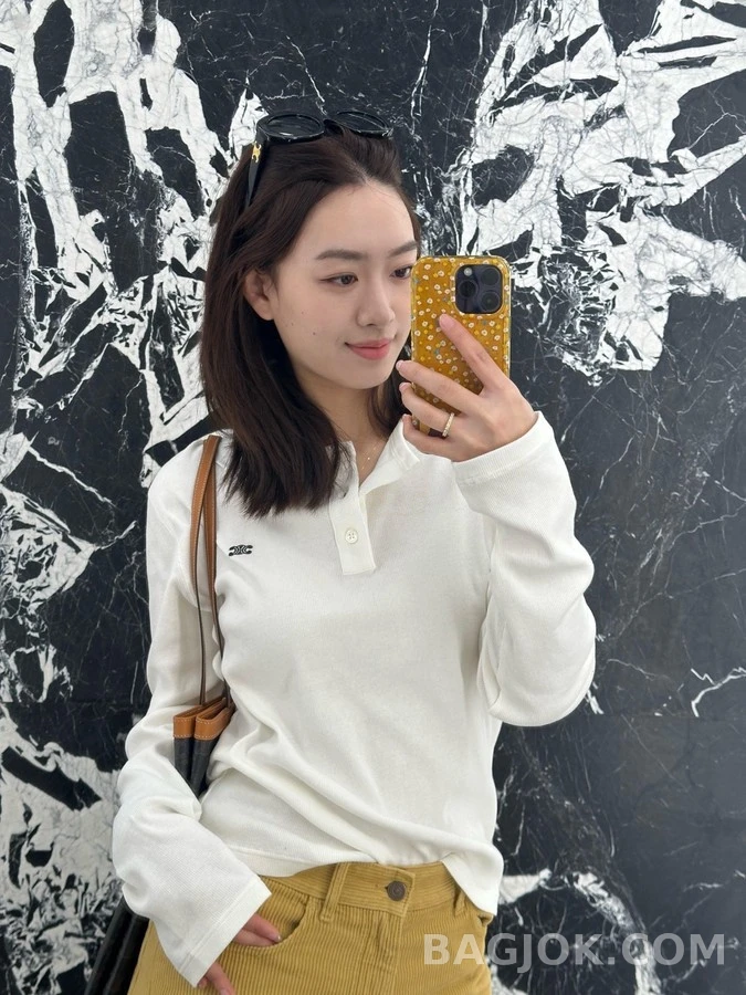 셀린느 셀린느 로고 자수 폴로 긴팔 티셔츠 상세 이미지