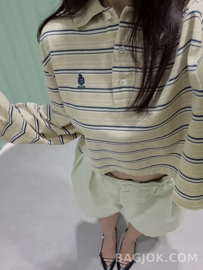 폴로 랄프 로렌 폴로 랄프 로렌 스트라이프 크롭 폴로 긴팔 티셔츠 상세 이미지