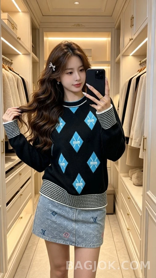 미우미우 미우미우 레터링 아가일 니트 상세 이미지