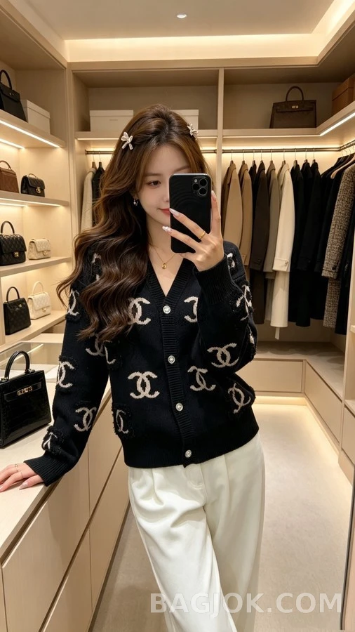 샤넬 샤넬 더블 C 로고 타월 자수 V넥 가디건 상세 이미지