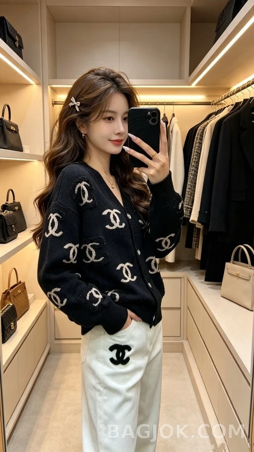 샤넬 샤넬 더블 C 로고 타월 자수 V넥 가디건 상세 이미지