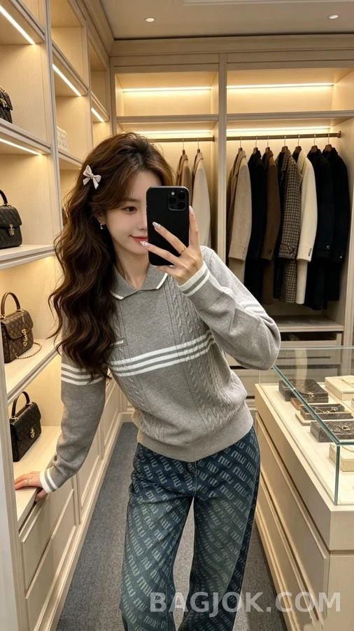 미우미우 미우미우 스트라이프 케이블 니트 스웨터 상세 이미지
