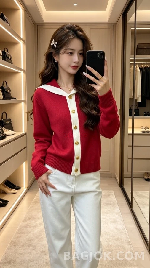 샤넬 샤넬 배색 세일러넥 가디건 상세 이미지