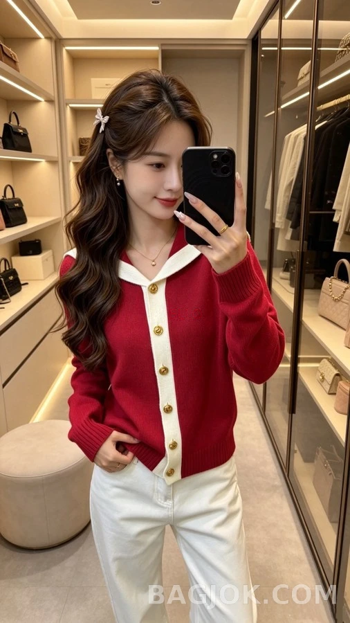 샤넬 샤넬 배색 세일러넥 가디건 상세 이미지