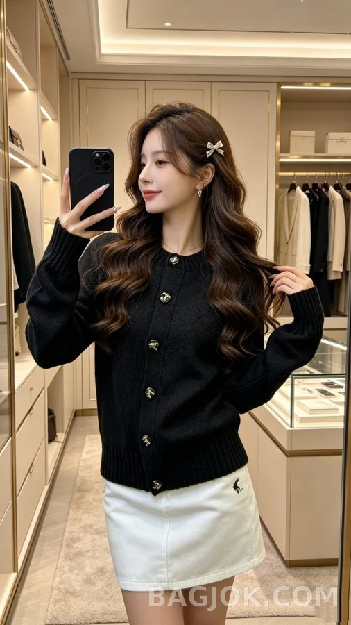 샤넬 샤넬 레터링 로고 버튼 라운드넥 가디건 상세 이미지