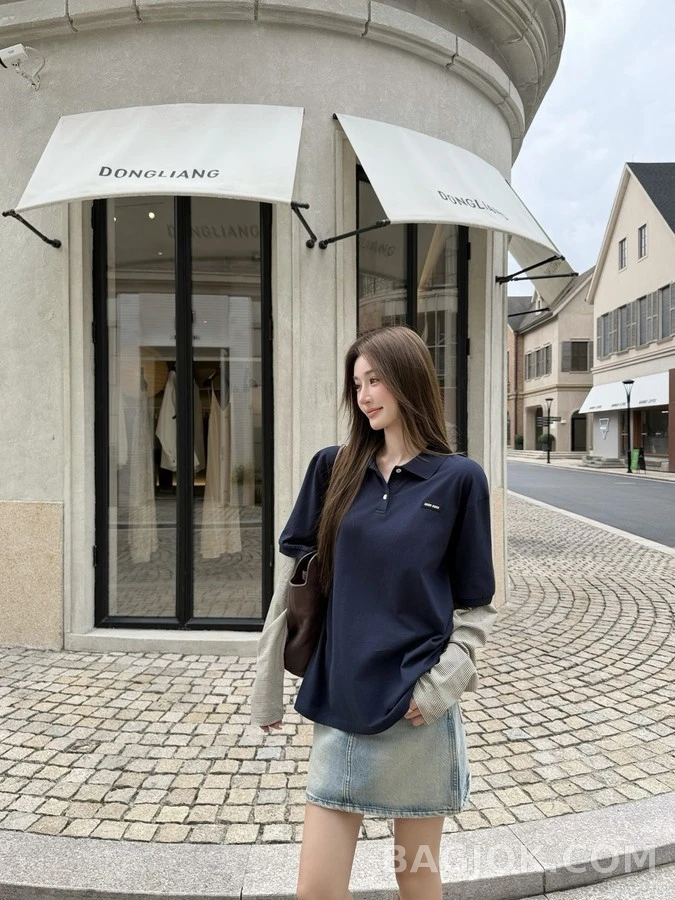 미우미우 미우미우 스트라이프 페이크 레이어드 폴로 긴팔 상세 이미지