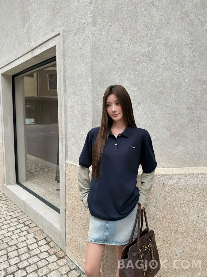 미우미우 미우미우 스트라이프 페이크 레이어드 폴로 긴팔 상세 이미지