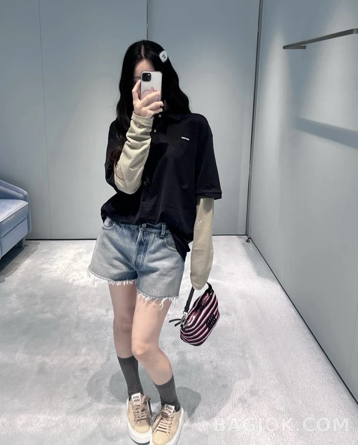 미우미우 미우미우 스트라이프 페이크 레이어드 폴로 긴팔 상세 이미지