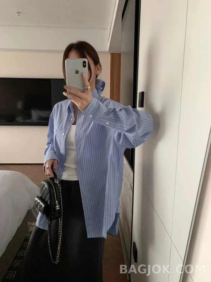 생로랑 세인트로랑 로고 스트라이프 셔츠 상세 이미지