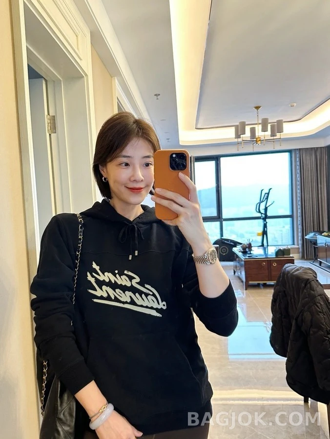 생로랑 세인트로랑 로고 플록 프린트 후드티 상세 이미지