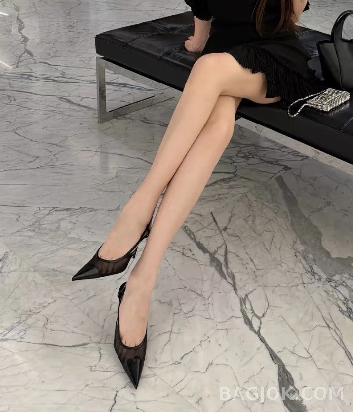생로랑 세인트로랑 뾰족한 앞코 자수 메시 슬링백 힐 상세 이미지