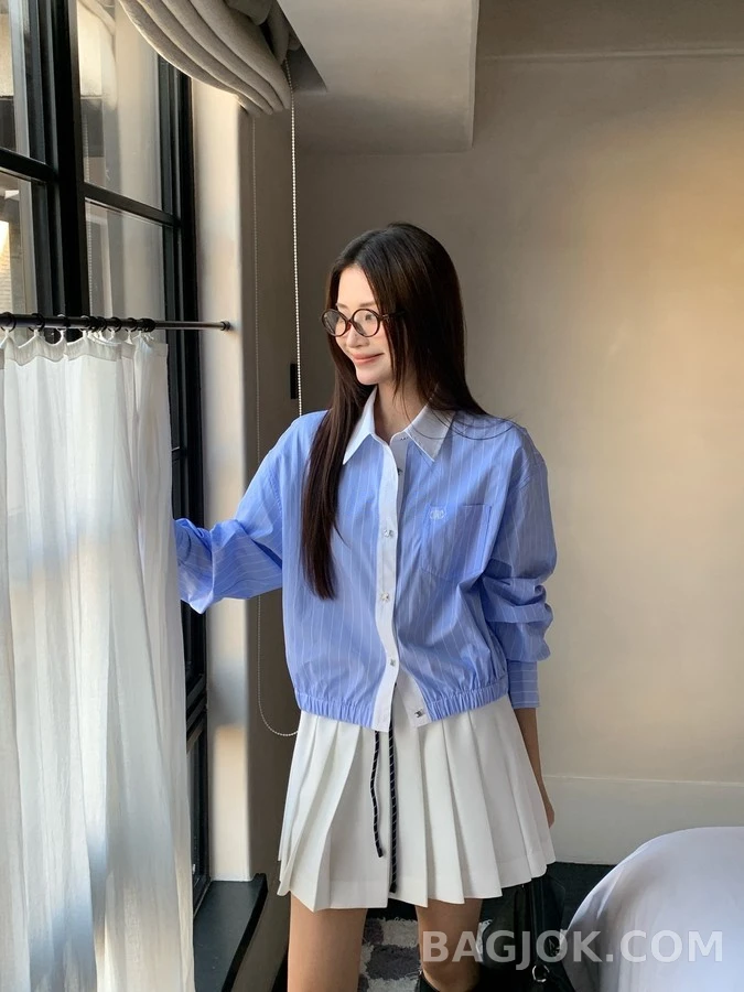 셀린느 셀린느 트리옹프 자수 스트라이프 크롭 셔츠 상세 이미지