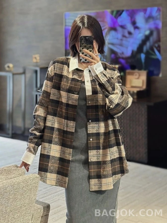 루이비통 루이비통 배색 카라 체크 긴팔 티셔츠 상세 이미지