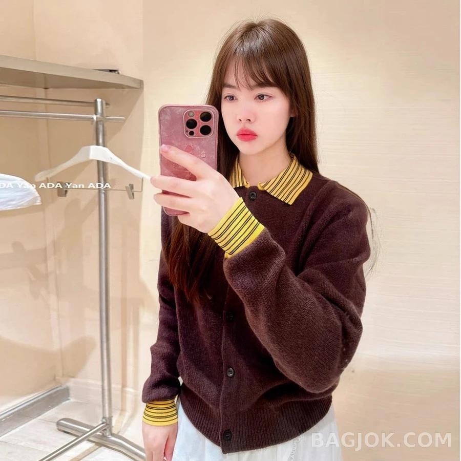 미우미우 미우미우 스트라이프 칼라 캐시미어 가디건 상세 이미지