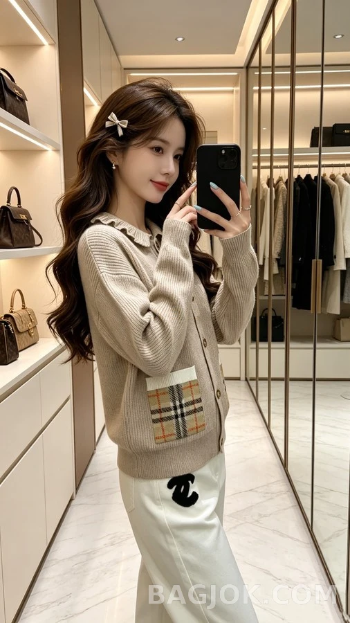 버버리 버버리 러플 칼라 체크 포켓 가디건 상세 이미지
