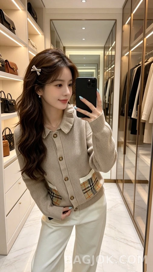 버버리 버버리 러플 칼라 체크 포켓 가디건 상세 이미지