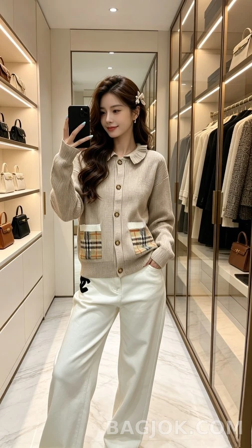 버버리 버버리 러플 칼라 체크 포켓 가디건 상세 이미지