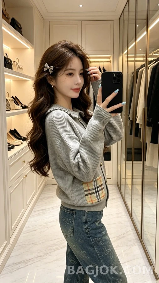 버버리 버버리 러플 칼라 체크 포켓 가디건 상세 이미지