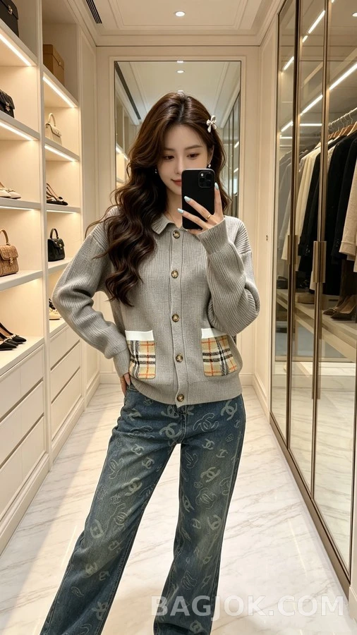 버버리 버버리 러플 칼라 체크 포켓 가디건 상세 이미지