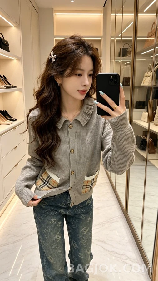버버리 버버리 러플 칼라 체크 포켓 가디건 상세 이미지