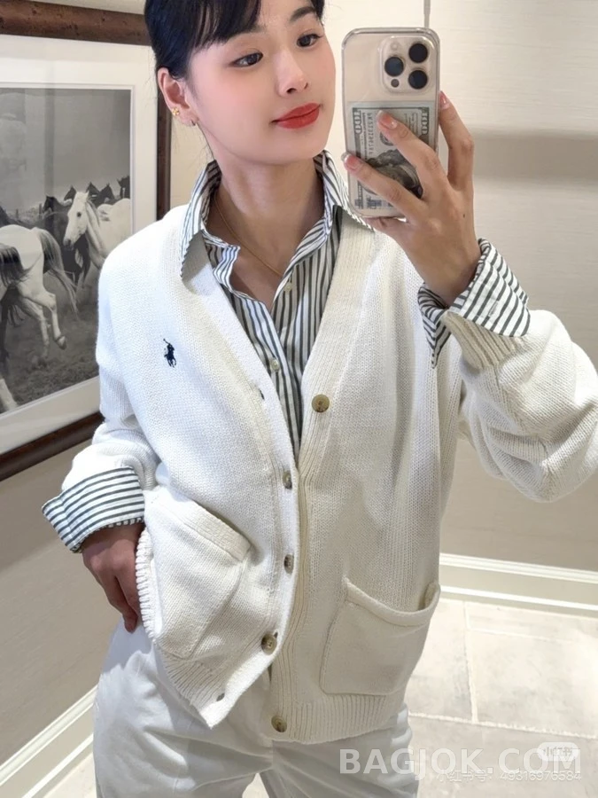 폴로 랄프 로렌 폴로 랄프 로렌 로고 자수 V넥 가디건 상세 이미지