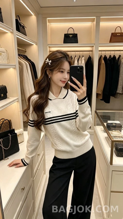 미우미우 미우미우 스트라이프 카라 케이블 니트 상세 이미지