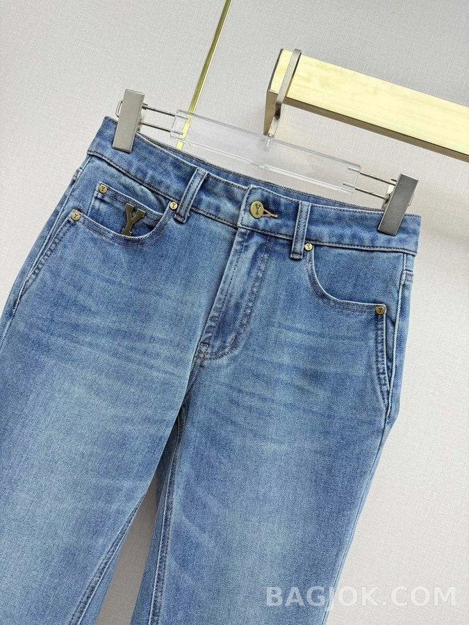 생로랑 세인트로랑 Y 로고 자수 플레어 데님 팬츠 상세 이미지