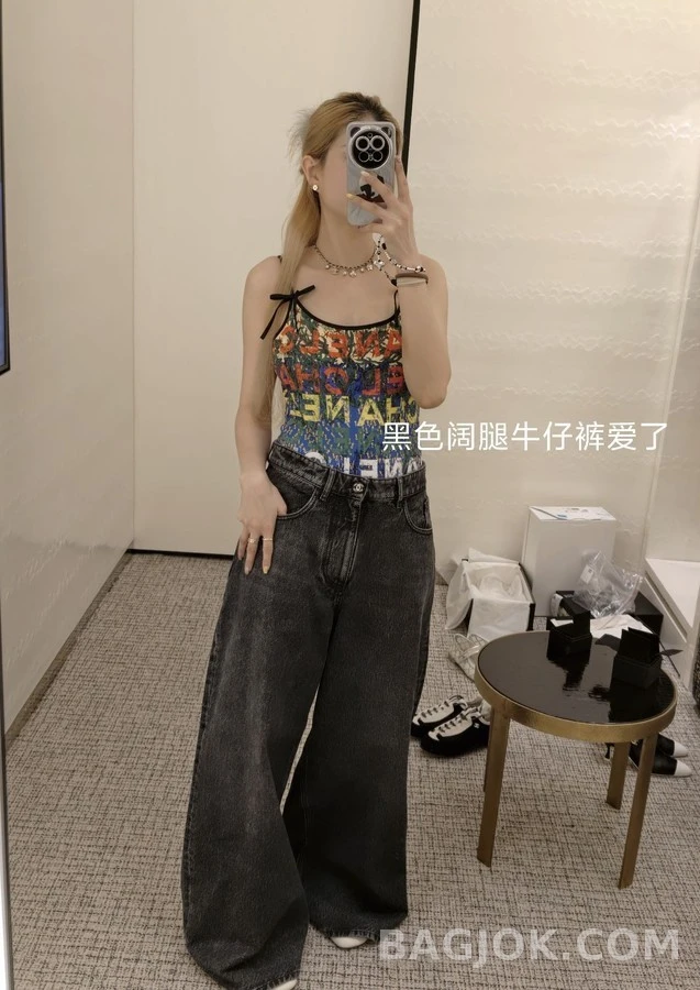 샤넬 샤넬 로고 자수 와이드 데님 팬츠 상세 이미지