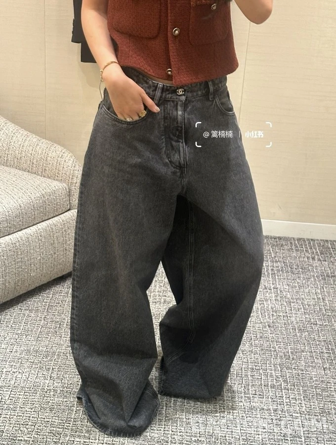 샤넬 샤넬 로고 자수 와이드 데님 팬츠 상세 이미지