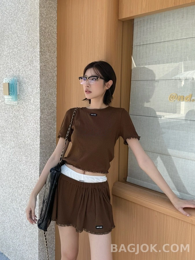미우미우 미우미우 로고 레이스 플레어 스커트 상세 이미지