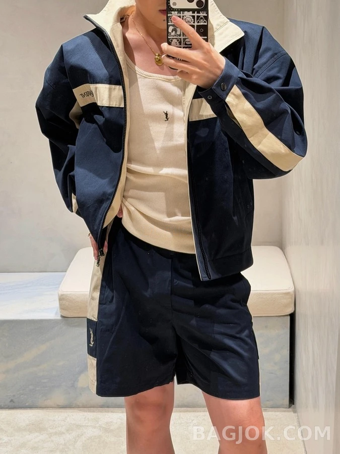 생로랑 세인트로랑 배색 스트라이프 코튼 캔버스 자켓 상세 이미지