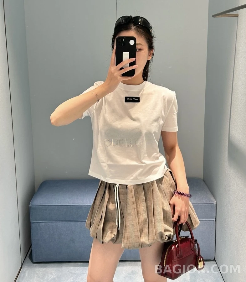 미우미우 미우미우 체크 플리츠 버블 미니 스커트 상세 이미지