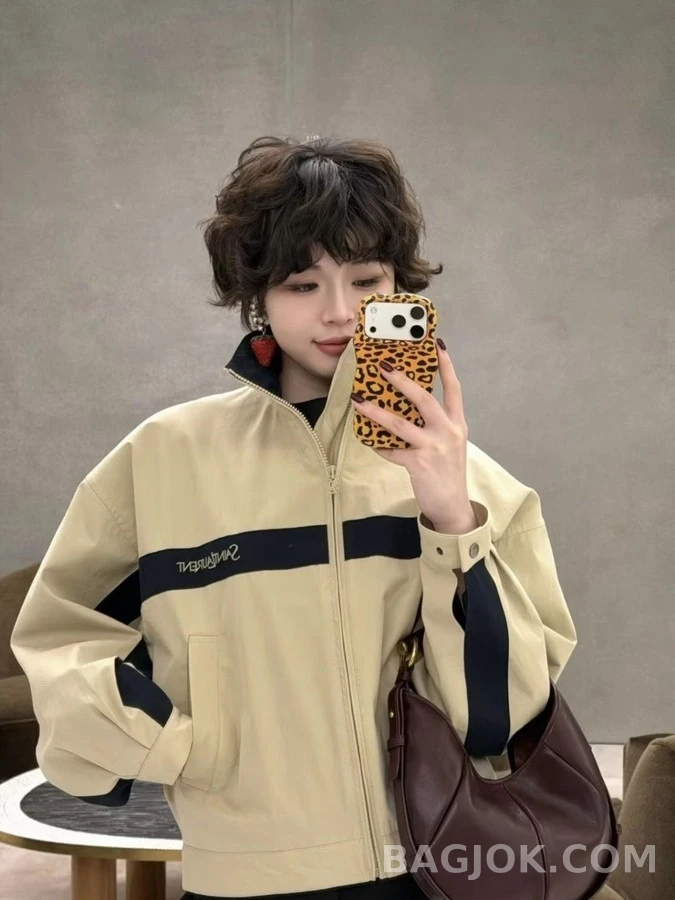 생로랑 세인트로랑 레터링 배색 스탠드넥 자켓 상세 이미지