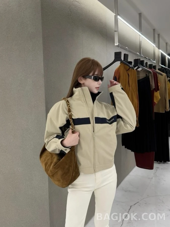 생로랑 세인트로랑 레터링 배색 스탠드넥 자켓 상세 이미지