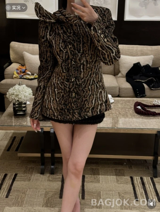 샤넬 샤넬 호피 무늬 보우칼라 트위드 자켓 상세 이미지