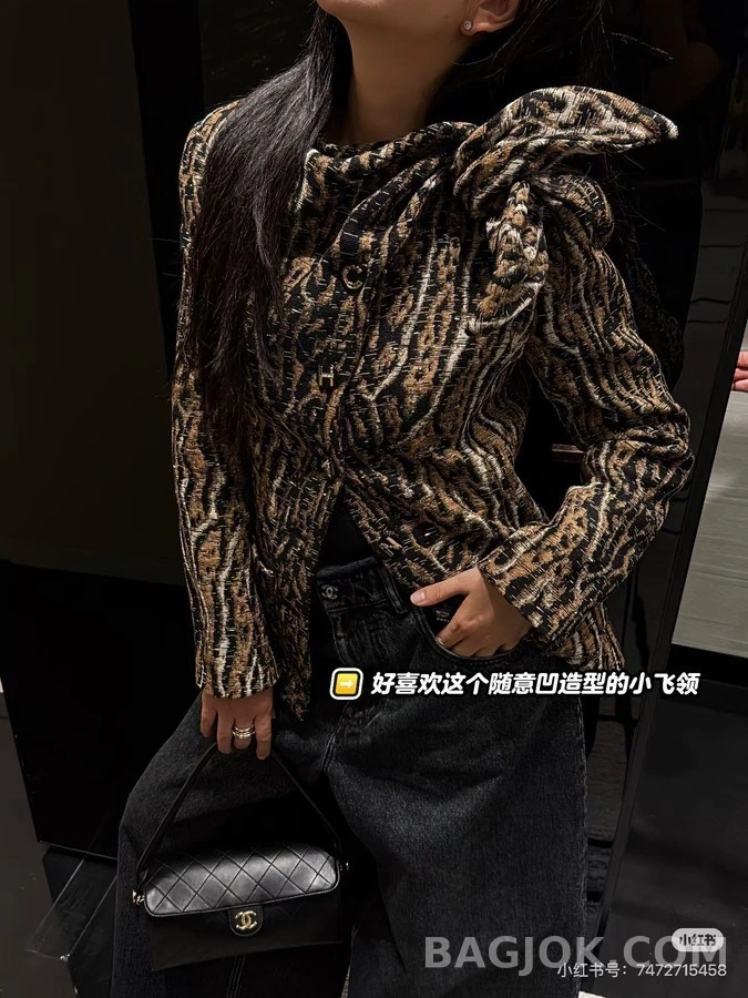 샤넬 샤넬 호피 무늬 보우칼라 트위드 자켓 상세 이미지