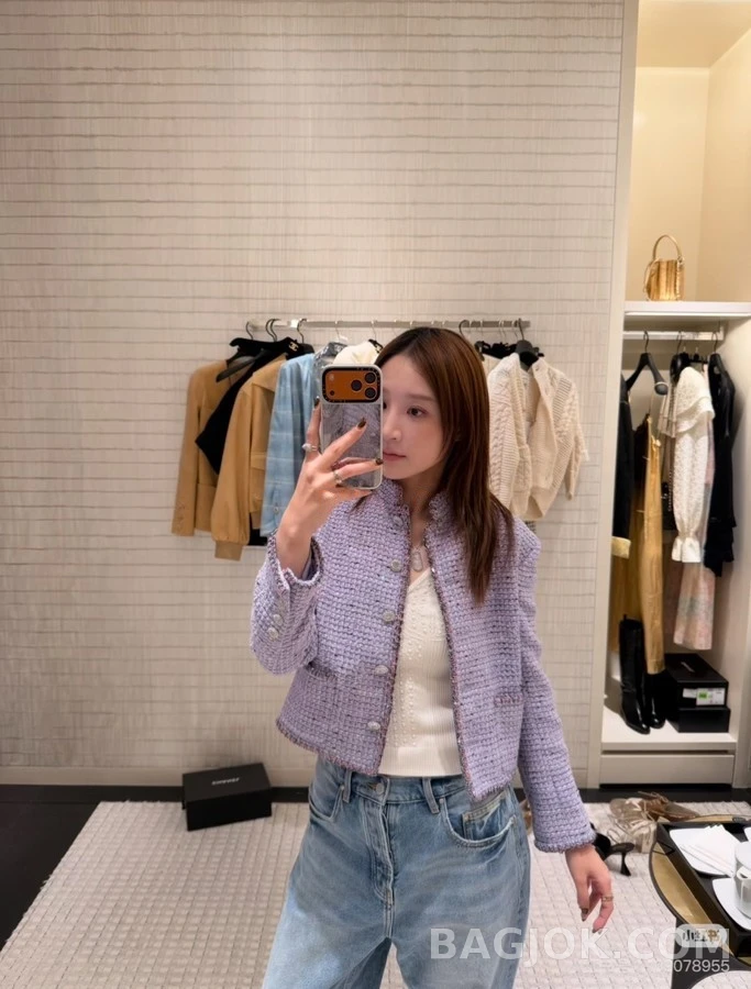 샤넬 샤넬 퍼플 스탠드넥 광택 스팽글 트위드 자켓 상세 이미지