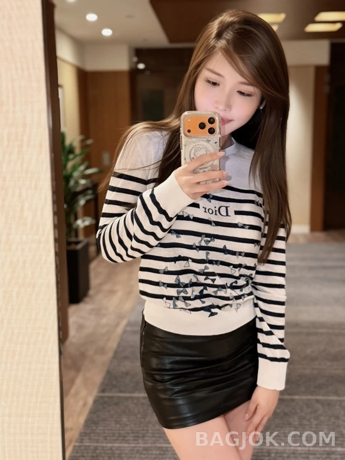 디올 디올 리본 자수 스트라이프 긴팔 티셔츠 상세 이미지