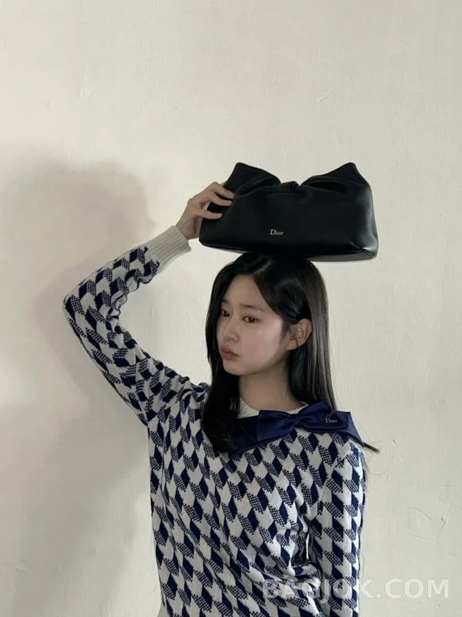 디올 디올 간절기 프렌치 레트로 하운드투스 배색 리본 라운드넥 니트 상세 이미지