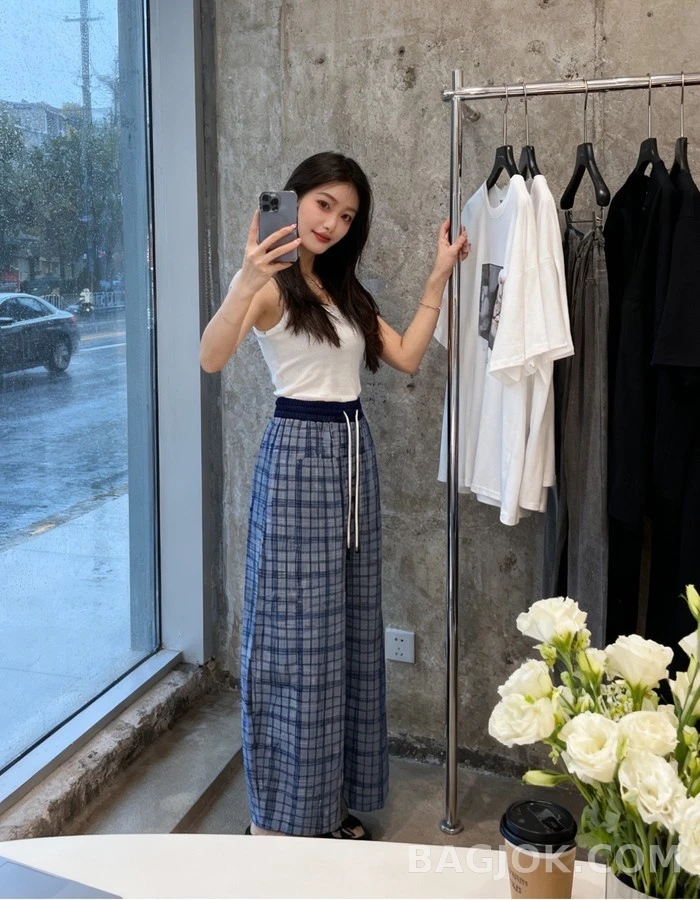 미우미우 미우미우 로프 체크 배색 자수 캐주얼 팬츠 상세 이미지