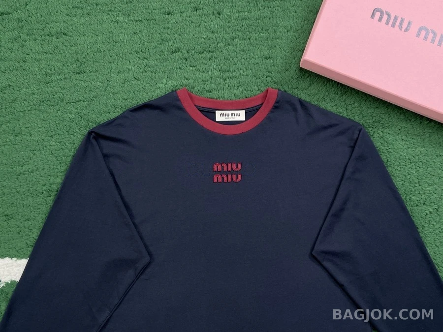 미우미우 미우미우 배색 코튼 라운드넥 긴팔 티셔츠 상세 이미지