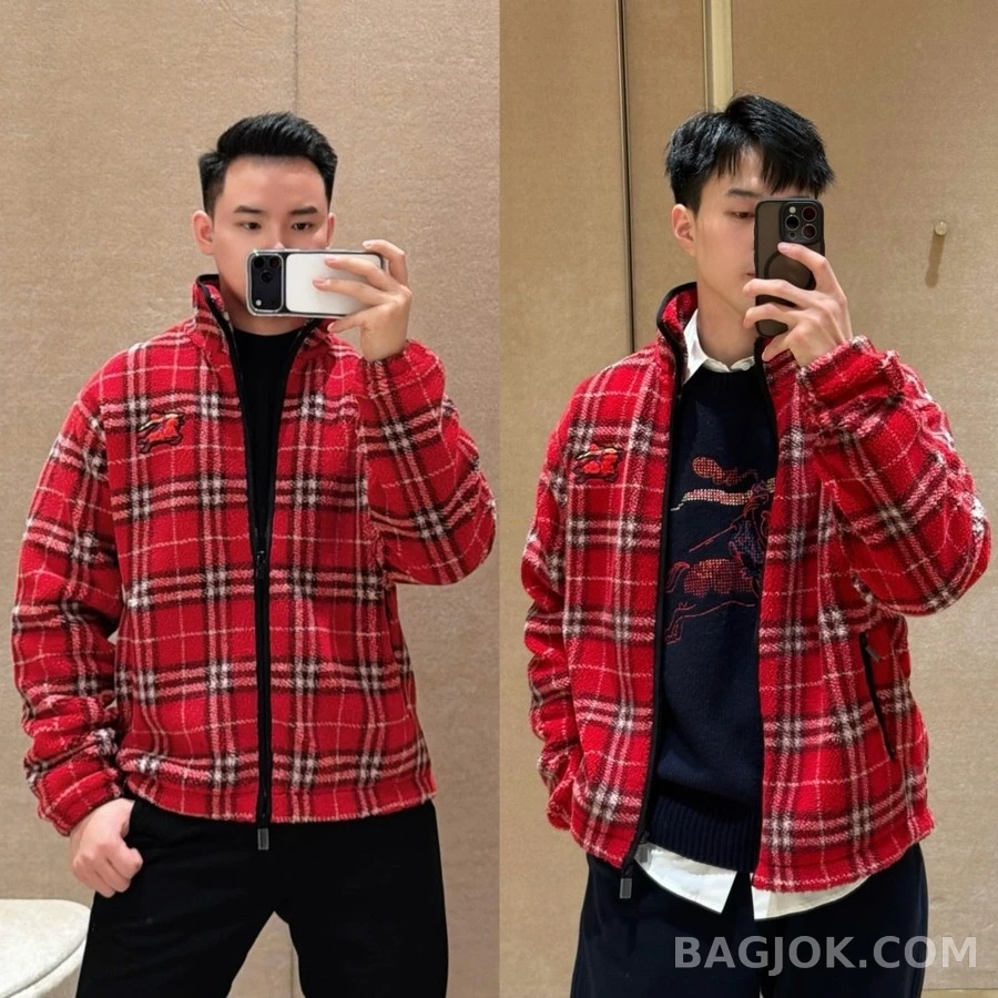 버버리 버버리 스코틀랜드 레드 화이트 격자 테디 플리스 자켓 상세 이미지
